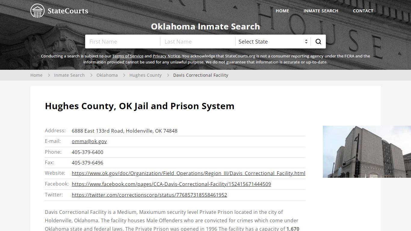 Davis Correctional Facility Inmate Records Search, Oklahoma - StateCourts